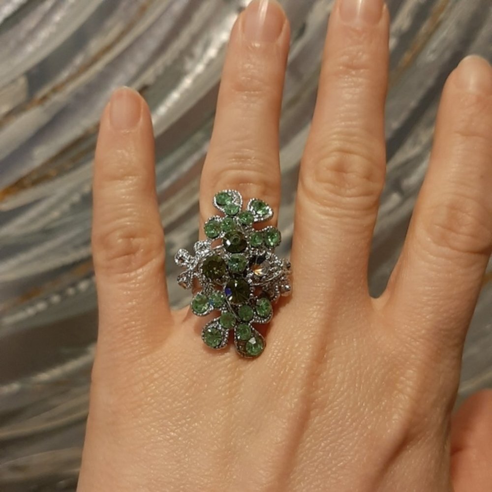 3Pc Set Of Rhinestone Cocktail Rings Aqua Statement Oversized Silver Adjustable - Picture 8 of 9